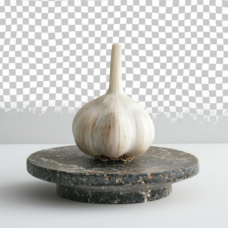 PSD ein knoblauch sitzt auf einem steintisch mit weißem hintergrund