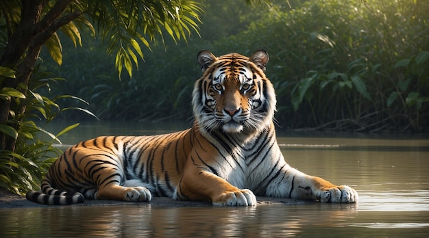 PSD ein königlicher bengal-tiger ruht sich in der nähe eines flusses tiger tapete welt-wildtierdag