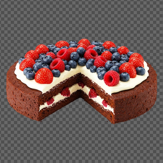 Ein köstlicher Schokoladenkuchen mit frischen Beeren und Cremefüllung auf einem durchsichtigen Hintergrund