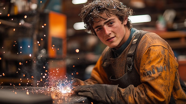 Ein konzentrierter junger Schweißer, der in einer Metallwerkstatt arbeitet, lässt Funken fliegen