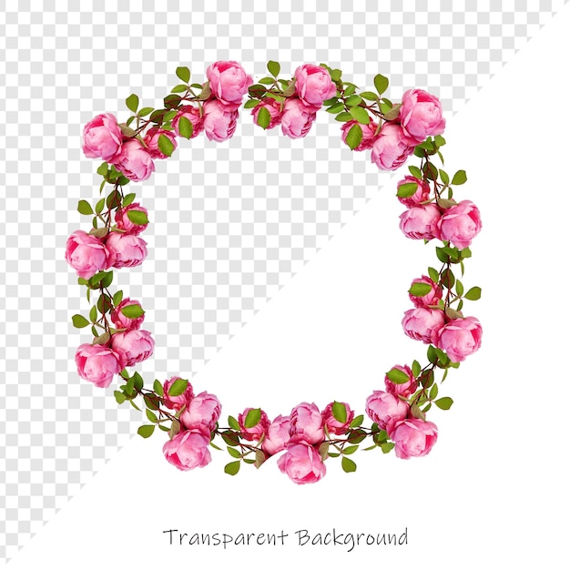 ein Kreis von rosa Rosen mit grünen Blättern und die Wörter Transom darauf