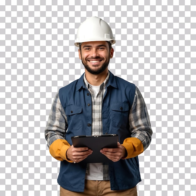 Ein lächelnder ingenieur trägt eine sicherheitsuniform und hält eine arbeitsklemmtafel auf durchsichtigem hintergrund