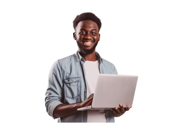 Ein lächelnder junger afrikanischer Mann benutzt einen Laptop