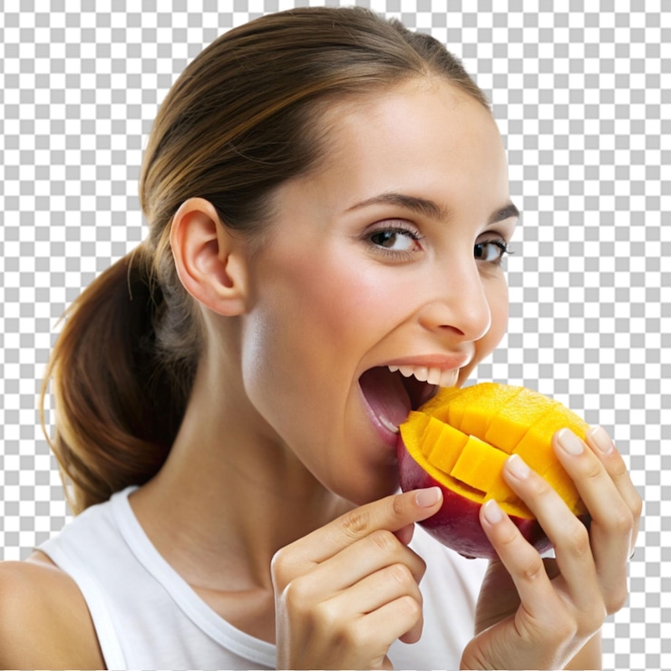 PSD ein lächelndes erwachsenes mädchen isst ein stück frischer mango