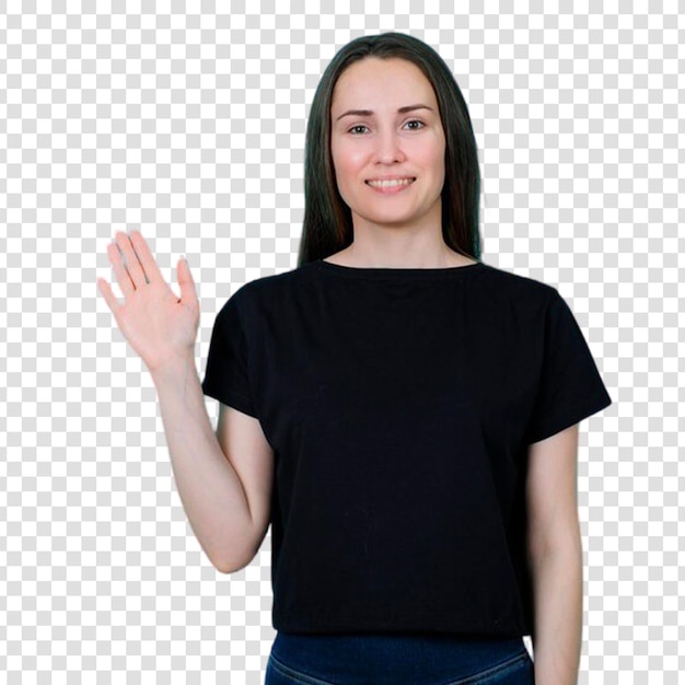 Ein lächelndes junges Mädchen zeigt eine Hi-Geste, indem es ihre Hand auf einem durchsichtigen Hintergrund hebt