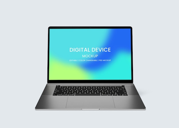 Ein Laptop mit einem blauen Bildschirm, auf dem digitales Gerätemodell steht.