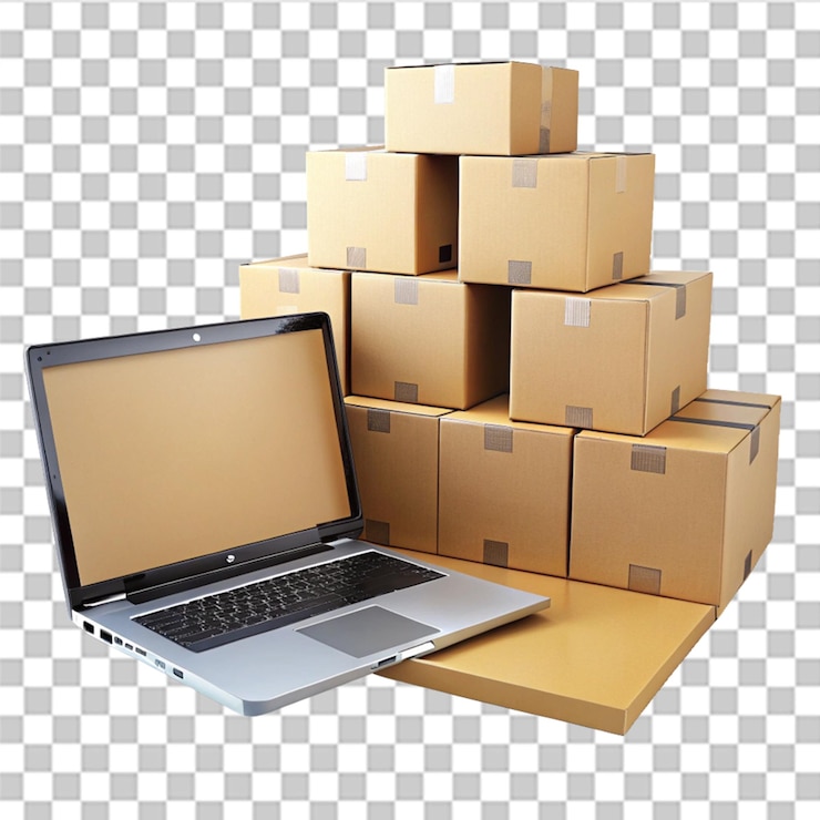 PSD ein laptop mit kisten auf transparentem hintergrund