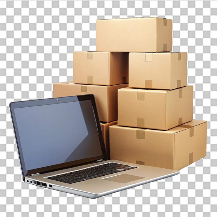 PSD ein laptop mit kisten auf transparentem hintergrund