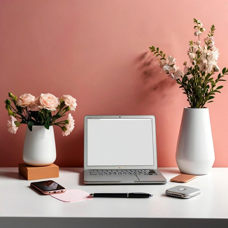 PSD ein laptop sitzt auf einem schreibtisch mit blumen davor