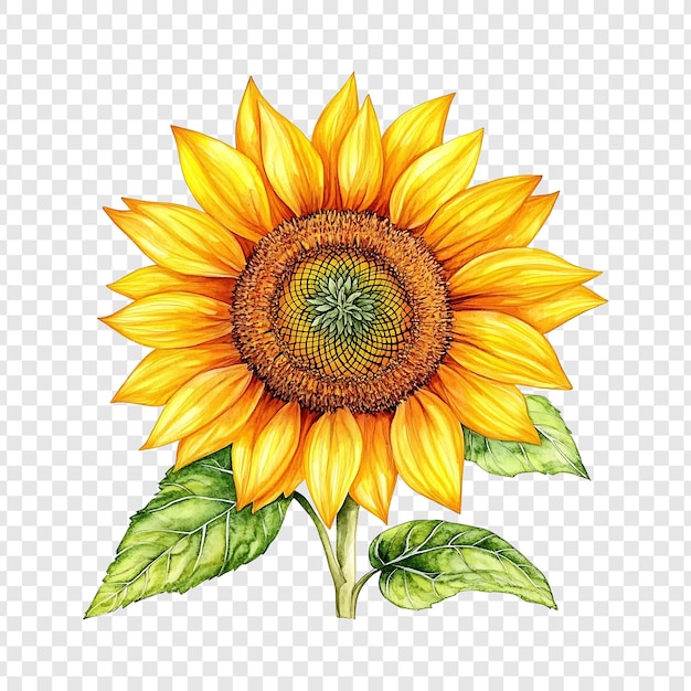 Ein lebendiges Aquarellbild einer blühenden Sonnenblume mit grünen Blättern