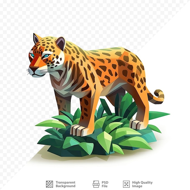 PSD ein leopard steht im gras mit einer grünen pflanze im hintergrund.
