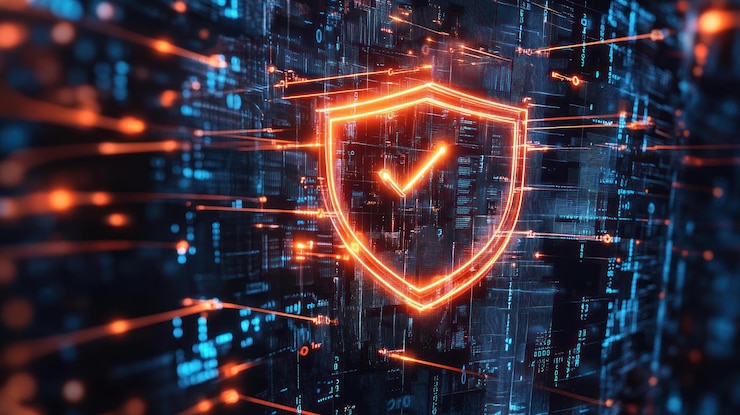 PSD ein leuchtender schild mit einem kontrollzeichen auf digitalem hintergrund, das cybersicherheit und datenschutz darstellt