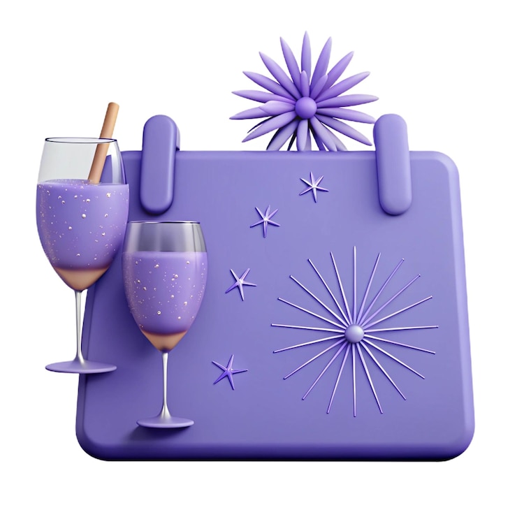 PSD ein lila beutel mit einem glas wein und einer lila blume darauf