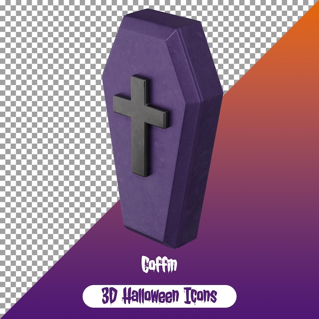 Ein lila metallischer Sarg mit Kreuz auf der Oberseite Halloween Dekoration 3D PNG Halloween Icon Isolated PSD