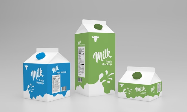 Ein liter halber liter und 250 ml milchpackung verpackungsdesign mockup