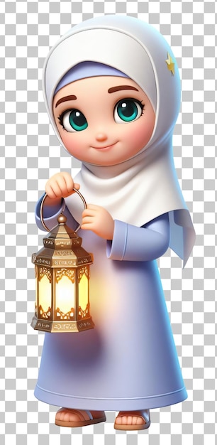 PSD ein mädchen hält eine ramadan-lampe, die auf einem durchsichtigen hintergrund isoliert ist