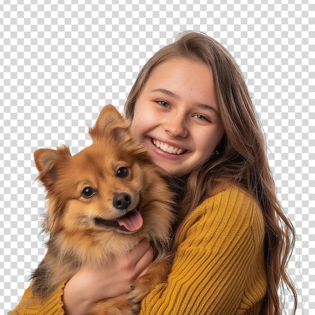 PSD ein mädchen hält einen hund mit einem hintergrund aus punkten und einem weißen hintergrund mit einem foto eines hundes