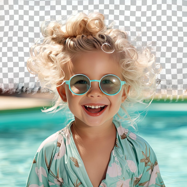 PSD ein mädchen im vorschulalter mit blonden haaren aus der asiatischen ethnie, gekleidet in schwimm- und poolkleidung, posiert in einem eyes downcast mit einem smile-stil vor einem pastellmint-hintergrund