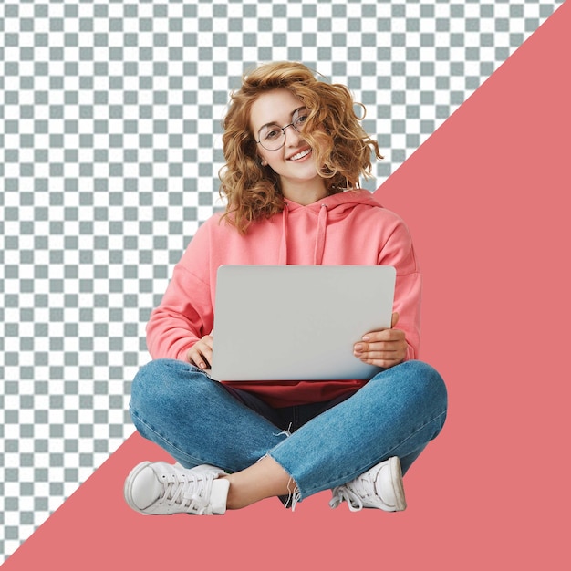 ein Mädchen in einem rosa Hoodie sitzt vor einem roten und schwarzen gecheckten Hintergrund
