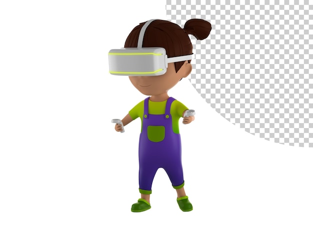 PSD ein mädchen in einem violetten und grünen outfit mit einer vr-brille 3d-darstellung