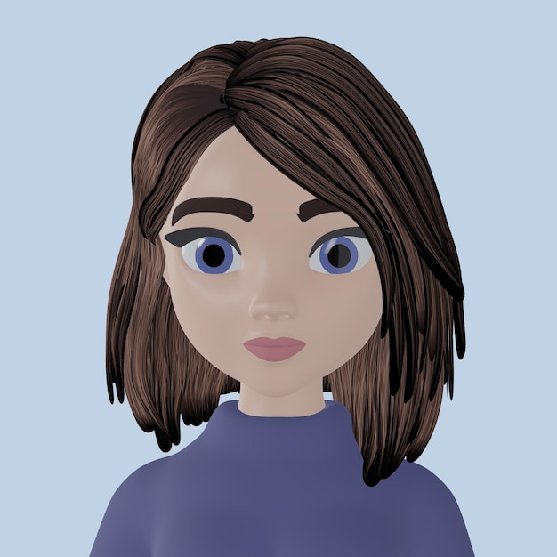 Ein Mädchen mit braunen Haaren und blauen Augen in einem blauen Pullover
