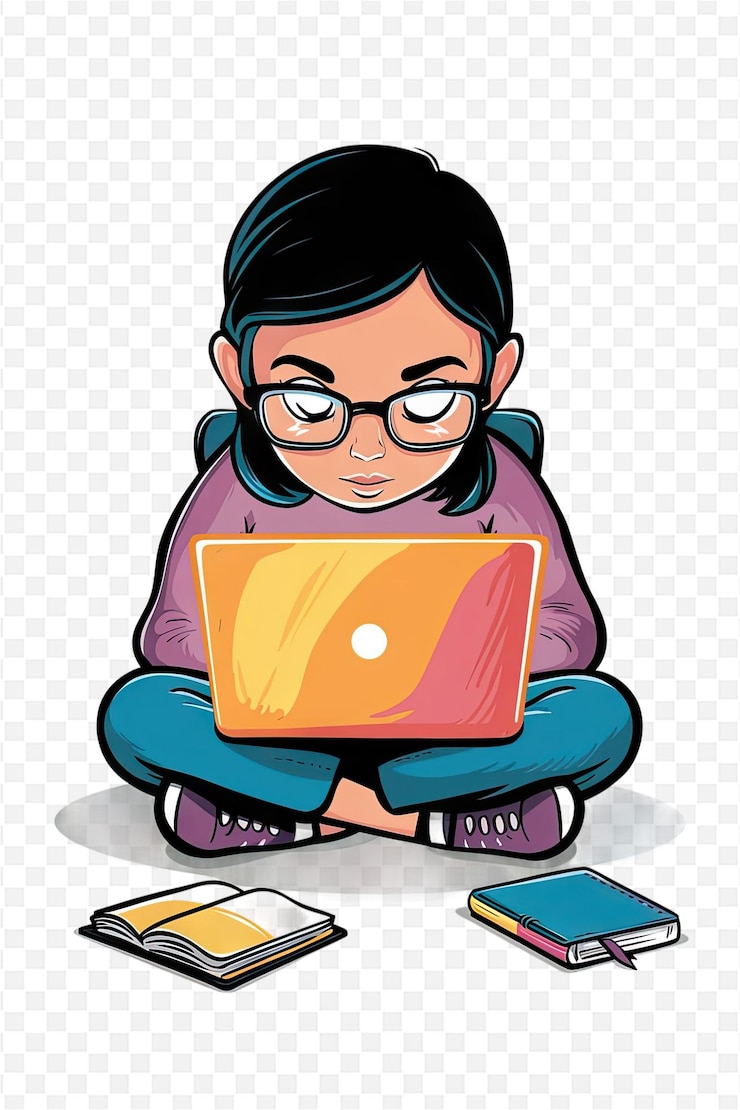 PSD ein mädchen mit brille sitzt auf dem boden und benutzt einen laptop