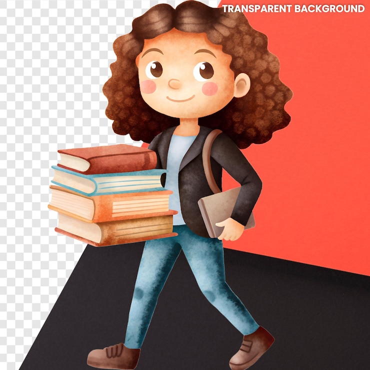PSD ein mädchen mit einem buch in der hand hält einen stapel bücher