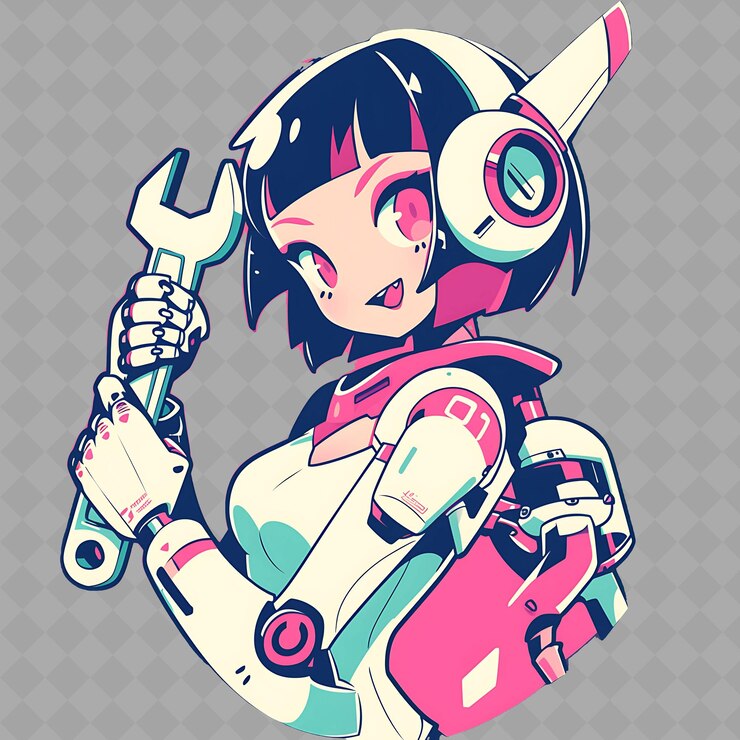 PSD ein mädchen mit einem roboter auf dem kopf und einem paar kopfhörer