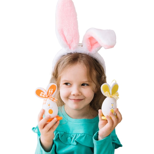 ein Mädchen mit Kaninchenohren hält Osterkaninchen-Ostereier mit weißem Hintergrund PSD hoch