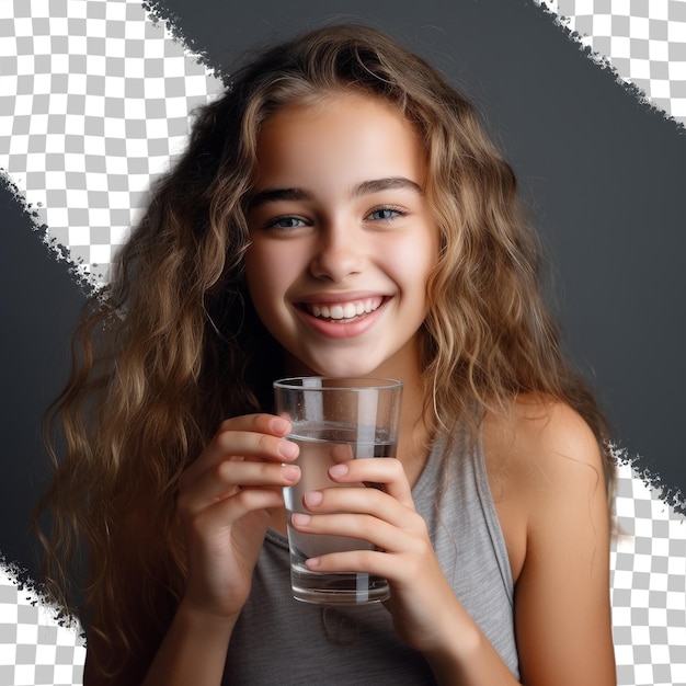 PSD ein mädchen mit lockigem haar, das ein glas wasser hält.