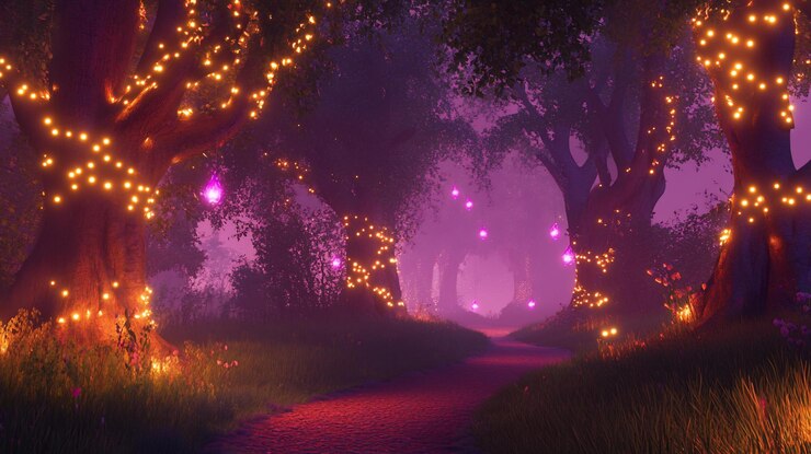PSD ein magischer waldweg in der nacht mit leuchtenden lichtern und lila nebel
