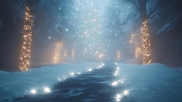 PSD ein magischer winterwaldweg mit leuchtenden lichtern und schneefall