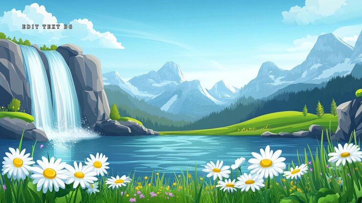 PSD ein majestätischer wasserfall, der in einen ruhigen see kaskadiert, umgeben von lebendigen wildblumen und schneebedeckten bergen unter einem sonnigen himmel