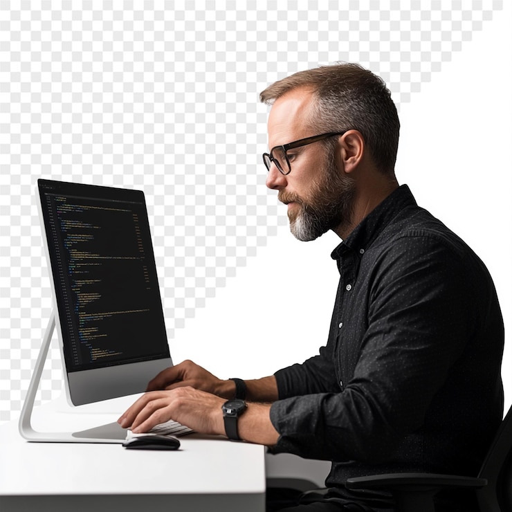 PSD ein mann arbeitet an einem computer mit dem wort quote an der spitze