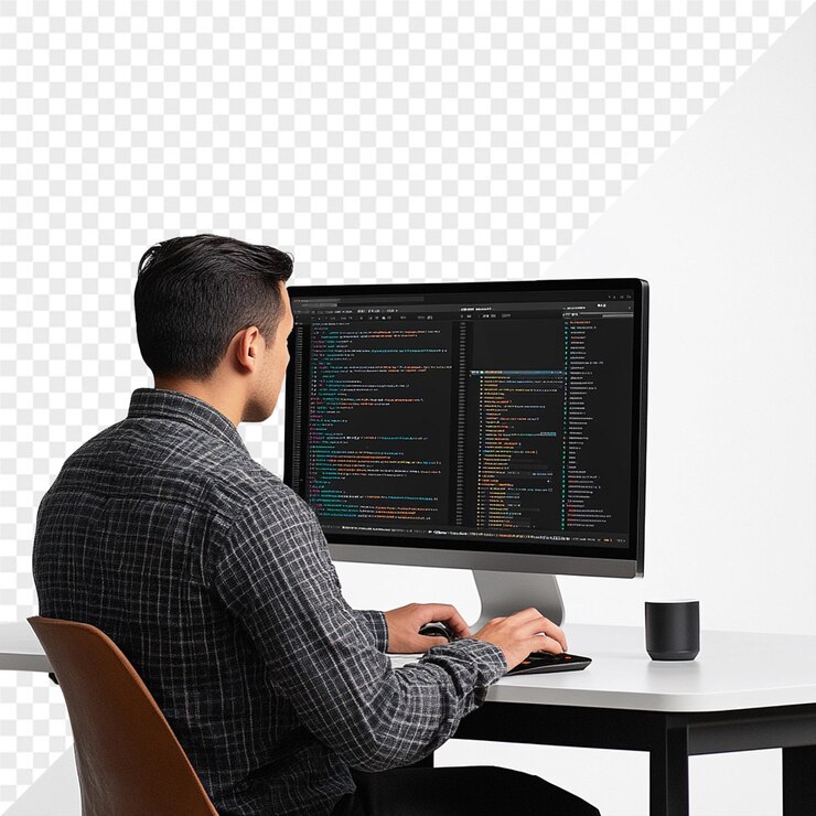PSD ein mann arbeitet an einem computer mit den worten code quote auf dem bildschirm