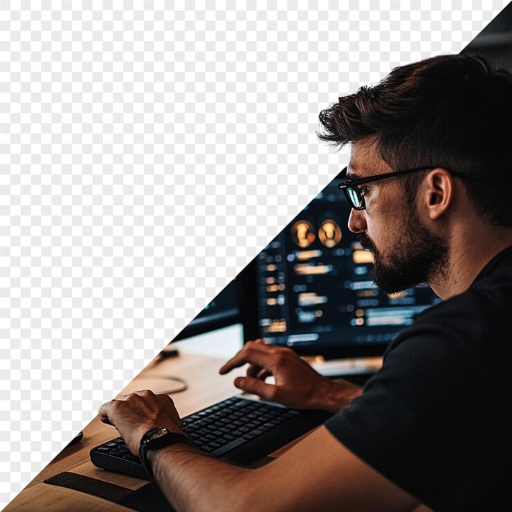 PSD ein mann arbeitet an einem computer mit tastatur und brille