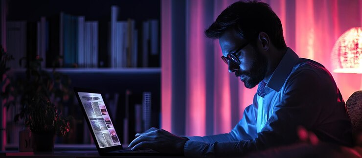 PSD ein mann arbeitet an einem laptop in einem schwach beleuchteten raum