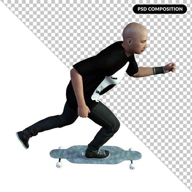 PSD ein mann auf einem skateboard isoliert 3d-rendering