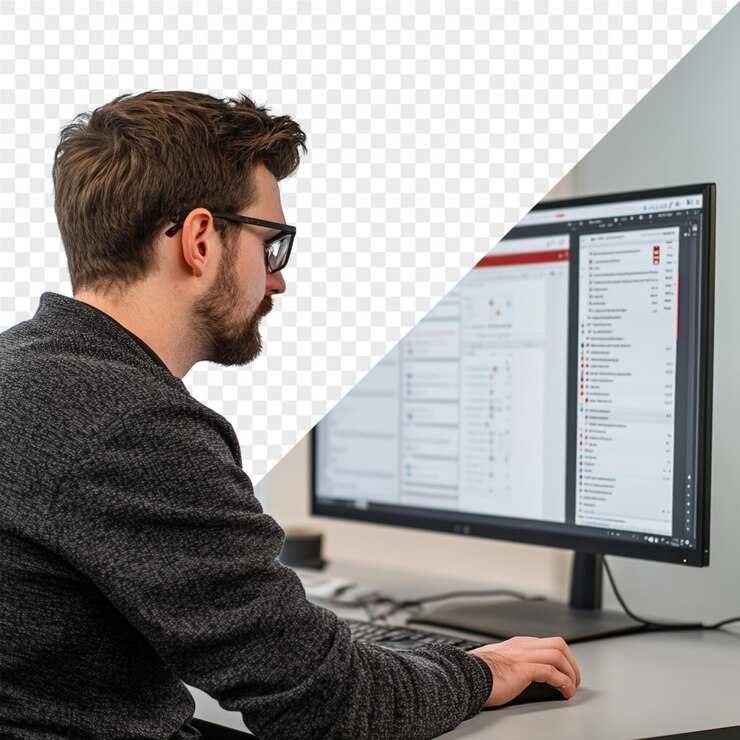 PSD ein mann benutzt einen computer mit dem wort delete quote auf dem bildschirm