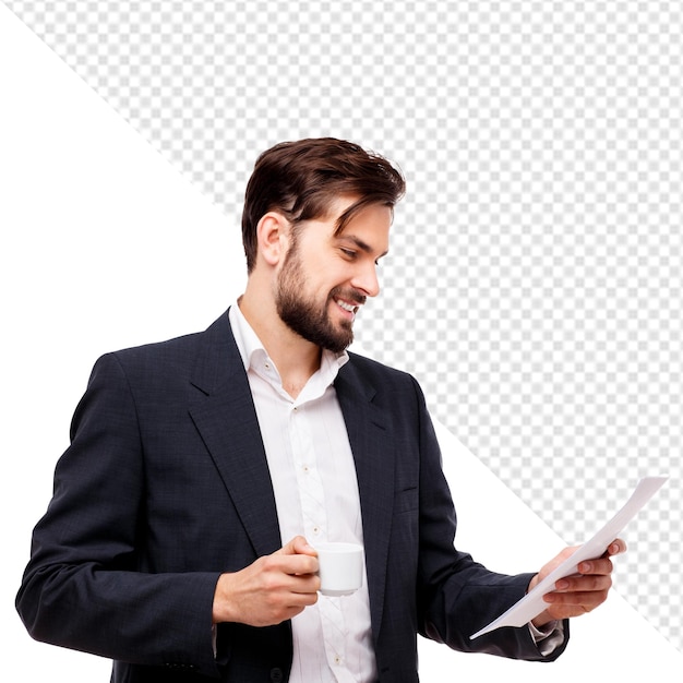 Ein Mann, der auf Papier schaut und lächelt