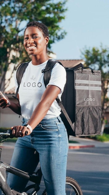 ein Mann, der ein weißes T-Shirt mit dem Wort Logo drauf trägt