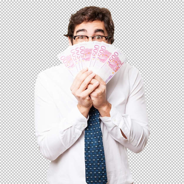 Ein Mann, der sein Gesicht mit Banknoten bedeckt