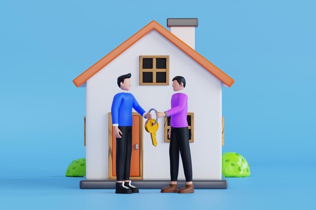 Ein mann gibt dem neuen käufer die schlüssel zum haus 3d-illustration