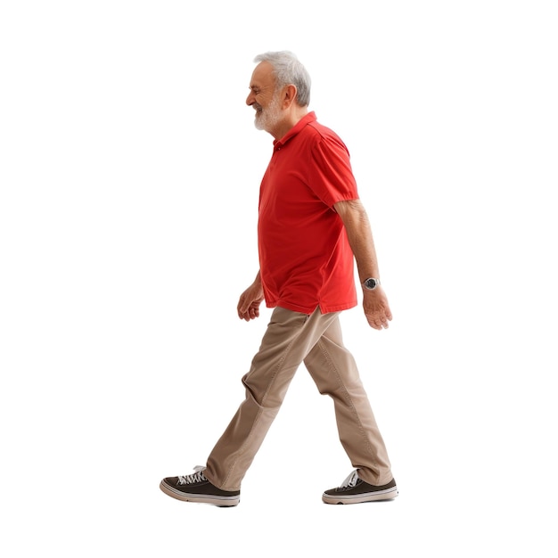 Ein mann in den 40ern trägt lässige kleidung, rotes hemd und t-shirt und geht spazieren.