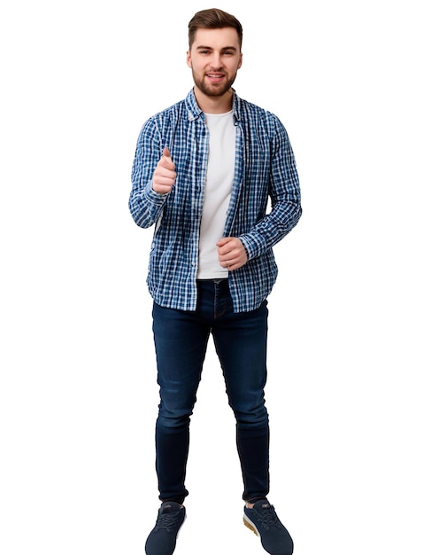 ein Mann in einem blauen Plaid-Hemd, der einen Daumen hochgibt