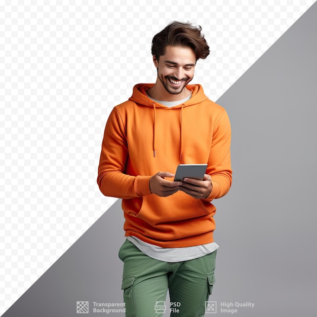 PSD ein mann in einem orangefarbenen kapuzenpullover lächelt und hält ein telefon in der hand.