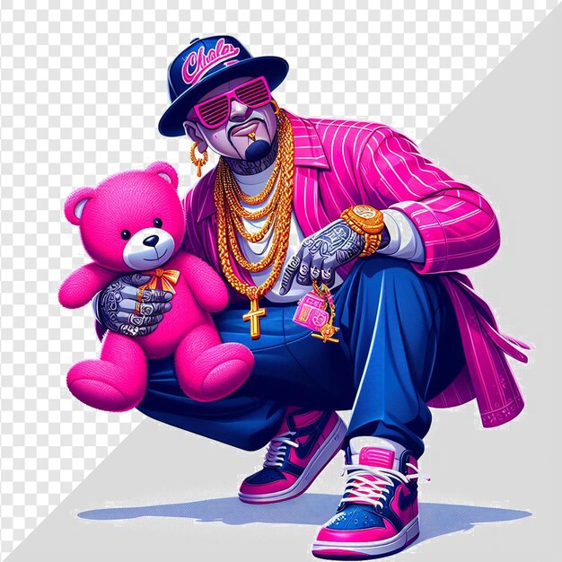 PSD ein mann in einer rosa jacke und einem rosa teddybären mit einem hut