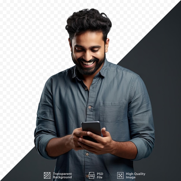 Ein mann lächelt und blickt auf den bildschirm eines telefons.