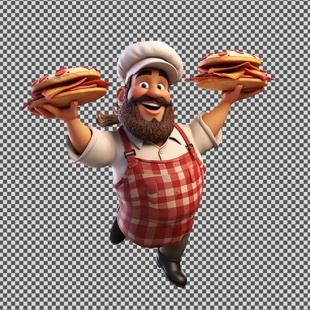 Ein mann mit bart und hut, der sandwiches hält, und eine zeichentrickfigur mit einem lächeln auf seinem gesicht