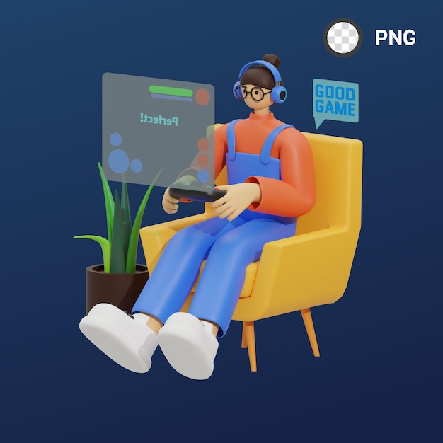 Ein Mann mit blauen Kopfhörern sitzt auf einem Stuhl mit einem Laptop und einem Monitor, auf dem png steht.